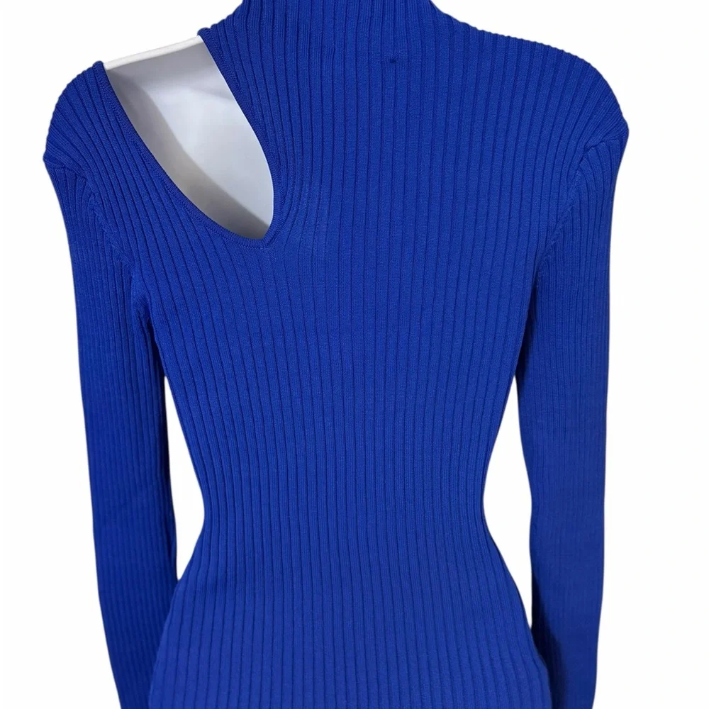 Line & Dot Cobalt Blue Ribbed Cutout Mock Neck Knit Top Small